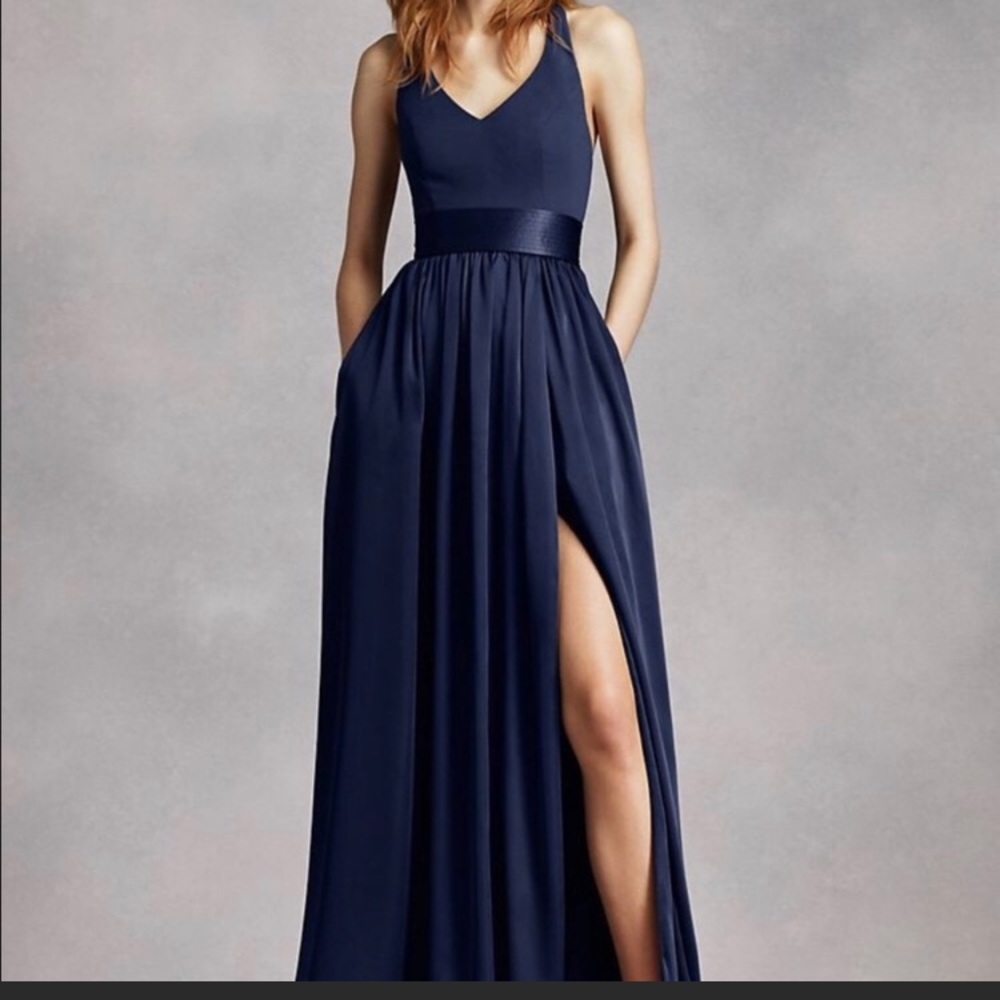David's Bridal “White by Vera Wang” Navy Blue V Neck Halter Dress 16